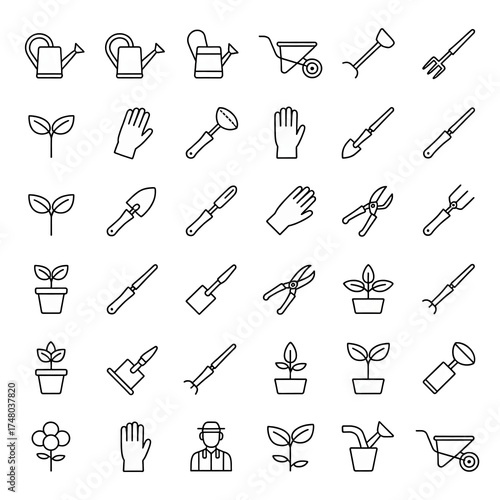 Collection of gardening tools icons watering can, gloves, shovel, wheelbarrow, plants and sprouts set