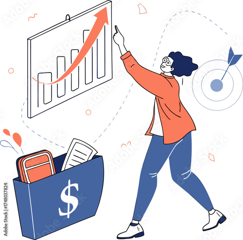 Person celebrates financial growth with rising graph and money bag illustration