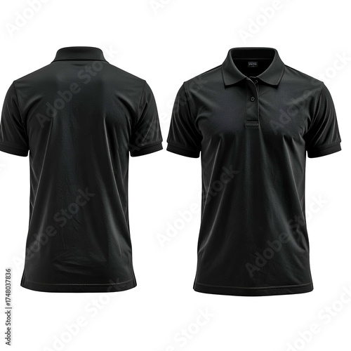 Two perspectives of a black short-sleeved polo shirt. Front and back views