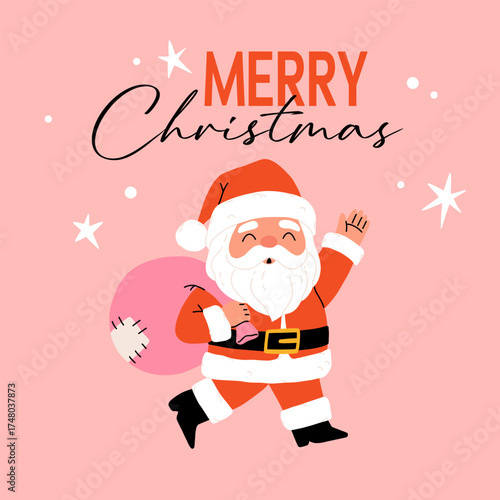 Merry Christmas and happy new year with Santa Claus, snow skates and warm knitted sweater. Holiday cartoon character in winter season.
