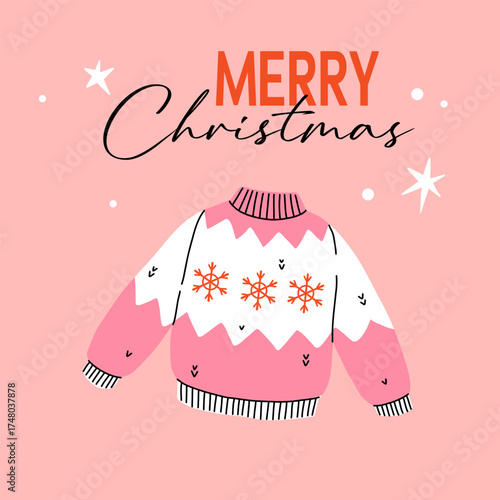 Merry Christmas and happy new year with Santa Claus, snow skates and warm knitted sweater. Holiday cartoon character in winter season.