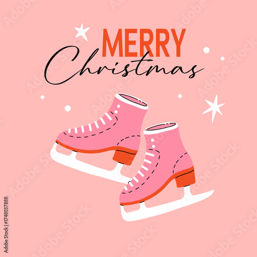 Merry Christmas and happy new year with Santa Claus, snow skates and warm knitted sweater. Holiday cartoon character in winter season.