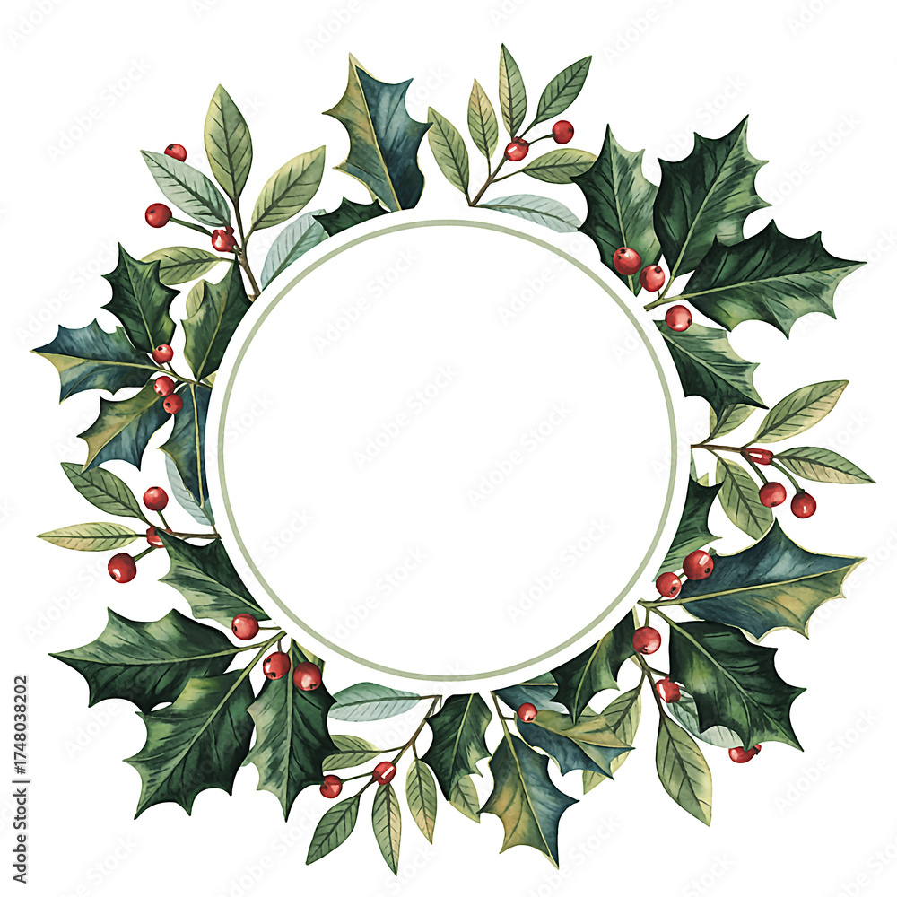 Fototapeta premium Festive Holiday Frame with Holly Berries and Leaves Elegant Circle Design for Christmas Greetings