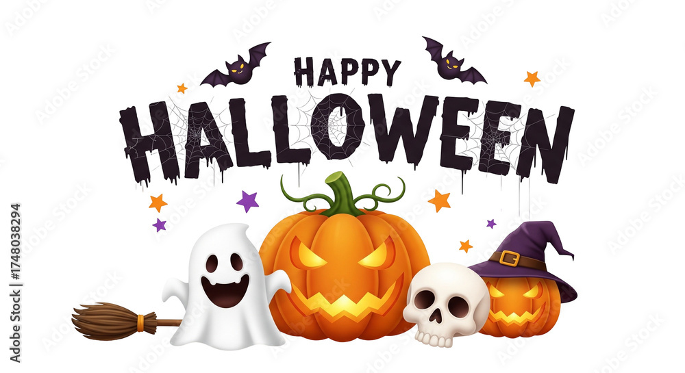 Fototapeta premium Happy Halloween Greeting with Pumpkin, Ghost, and Skull