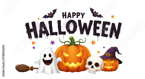 Happy Halloween Greeting with Pumpkin, Ghost, and Skull
