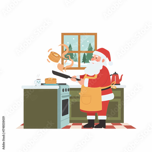 Santa Claus Cooking Pancakes in Kitchen Christmas Holiday Breakfast