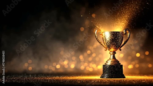Glittering Gold Trophy on Dark Background with Sparks and Glow Effects