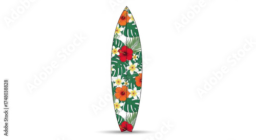 A surfboard adorned with vibrant tropical flowers and leaves stands tall on a, ready for the waves