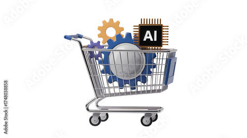 AI shopping cart concept featuring gears, a processor, and a sphere representing innovation, technology, and future of business.