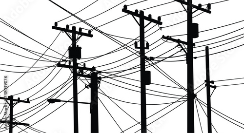 Urban utility poles, electrical power lines, city infrastructure, energy distribution, silhouetted poles, tangled wires, electricity grid, industrial network, overhead cables, 