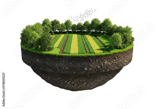 Floating Island of Farmland and Trees with Birds

