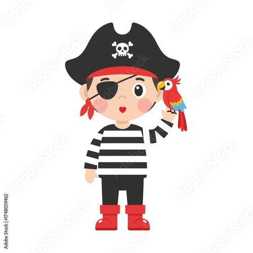 An adorable cartoon boy in a pirate costume with an eyepatch and a hat, holding his colorful pet parrot on his hand.