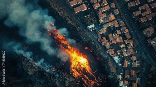 Volcano erupting lava flow destroying houses