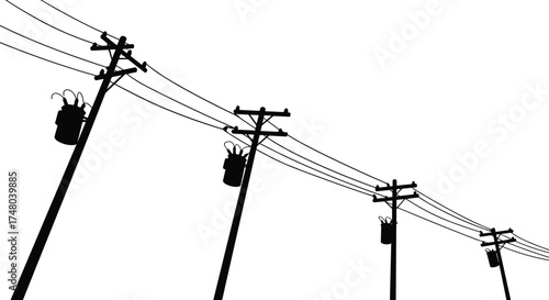 Utility poles with power lines, electrical transformers, insulators, tilted perspective, abstract infrastructure silhouette, energy distribution, industrial design, urban electricity network, 