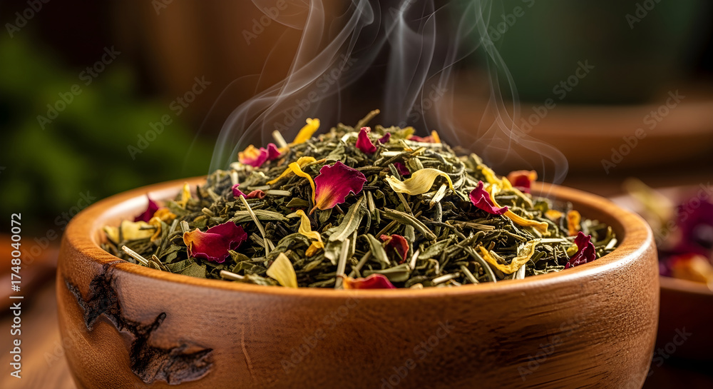 Fototapeta premium Fragrant herbal tea with rose petals in wooden bowl
