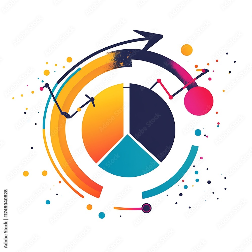 Fototapeta premium Colorful abstract infographic with pie chart and upward trending arrow symbolizing growth