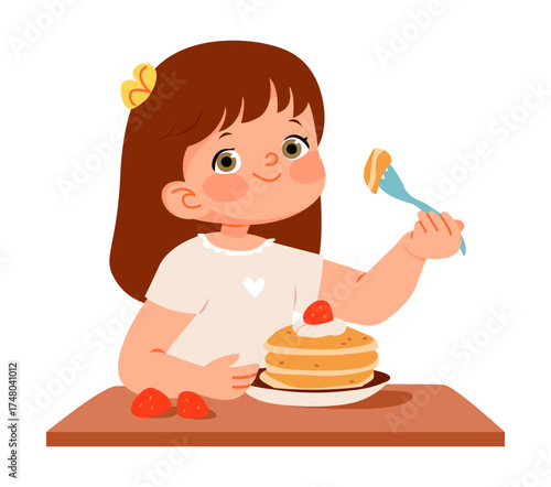 Cute girl eating healthy breakfast pancakes with strawberries. Flat vector illustration kids nutrition.