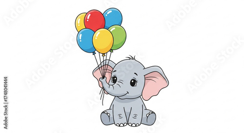 A delightful baby elephant joyfully holds a bunch of colorful balloons, , its innocent eyes sparkling with happiness and wonder