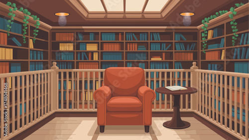 A cozy library nook featuring a comfortable armchair and a small table filled with books and bookshelves around
