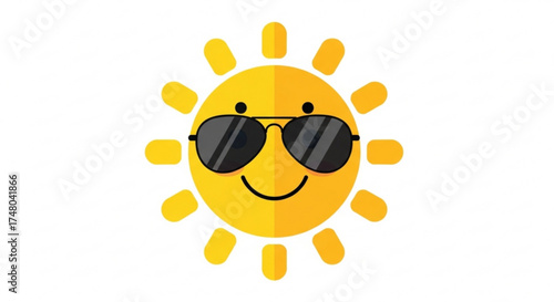 Smiling sun with sunglasses happy cartoon character with bright yellow color, wearing cool shades, radiating warmth and positive energy