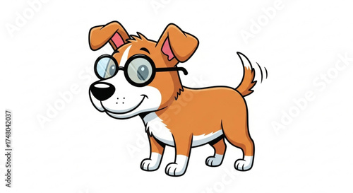 A charming cartoon dog with glasses, , showcasing a playful and intelligent canine character with a wagging tail and a smile