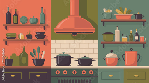 Illustration of a kitchen interior with shelves, cabinets, and cooking utensils in a flat design style