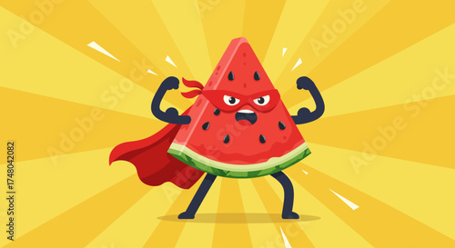 A heroic watermelon slice character, complete with a cape and mask, strikes a powerful pose as a superhero, depicted in a dynamic flat design style. 