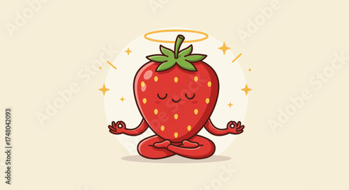 A calm red strawberry character is shown in a serene lotus position, meditating peacefully, presented in a gentle flat design style. This minimalist 2D vector illustration conveys tranquility, mindful