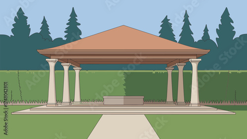 Illustration of a gazebo with columns and a brown roof in a garden with trees in the background