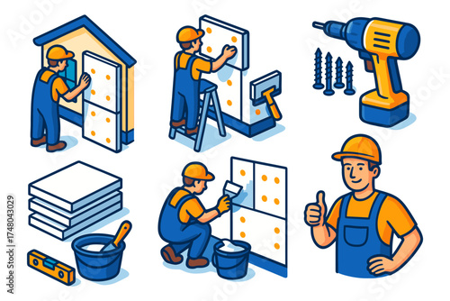 Isometric EPS facade insulation icons set