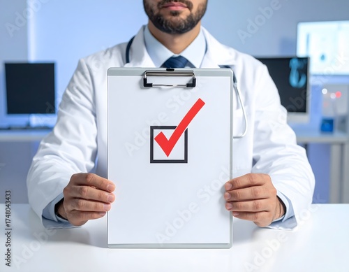 Close-up of a male doctor sit at hospital desk with a clipboard on white desk, he submit that clipboard to camera, it show a red check mark on the center. The background is a modern office.