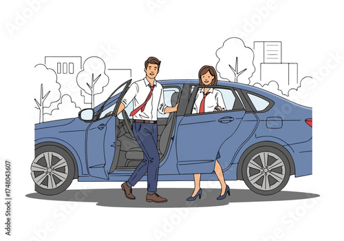 Two professionals, a man and a woman, standing beside a blue car with open doors, showcasing the concept of car sharing in an urban environment with modern buildings