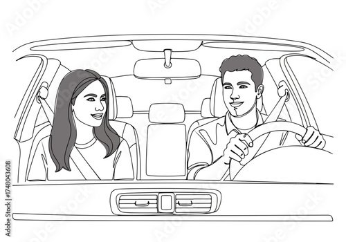 Two individuals, a man and a woman, are enjoying a car ride together, showcasing the concept of car sharing and the joy of shared transportation experiences