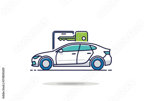 Car sharing concept with a stylized vehicle and key symbol, illustrating modern transportation solutions and the convenience of shared mobility in urban environments