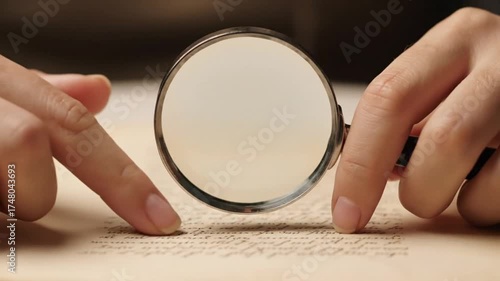 Examining old manuscript with magnifying glass reveals historical document details