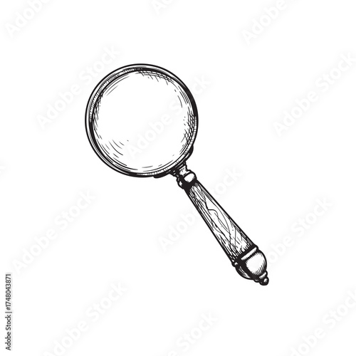 Hand drawn sketch style Magnifying Glass. Vintage retro investigation and detective symbol. Vector illustration isolated on white background.
