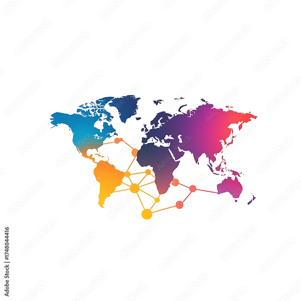 Fototapeta premium Colorful abstract world map with interconnected nodes representing global connections and network