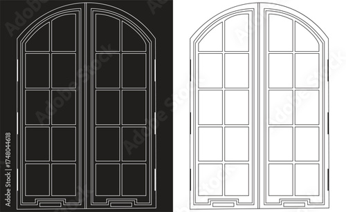 Silhouette of Arc, wooden, double door drawing, two variations with black and white background, EPS 10