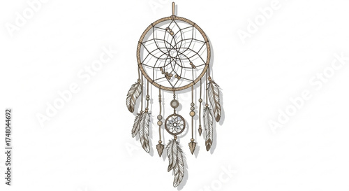 Handcrafted dreamcatcher with intricate web design and delicate feathers, a symbol of protection and positive energy