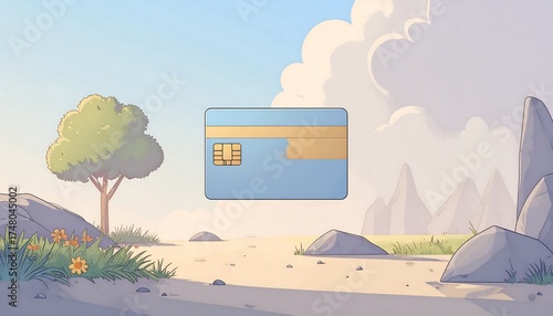 Light-blue credit card in a serene, natural landscape