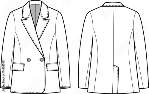 Double-breasted women's blazer flat sketch, front and back view – vector CAD drawing for fashion design and apparel illustration.