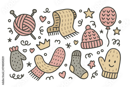 Knitting Doodle Icons. Knitting doodle icon set: hand drawn icons of yarn ball, needles, scarf, crown, star, balloon, hat, sock,