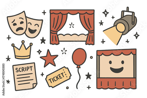 Theater Icon Doodles. Theater doodle icon set: hand drawn icons of masks, curtain, spotlight, crown, star, balloon, ticket, script