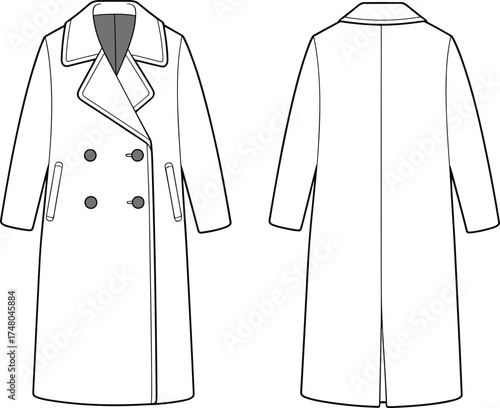 Double-breasted women’s trench coat flat sketch, front and back view, technical vector drawing for fashion design and apparel manufacturing.