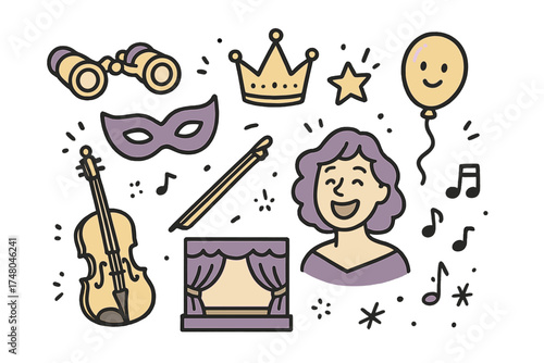 Opera Icon Doodle Set. Opera doodle icon set: hand drawn icons of opera glasses, mask, crown, star, balloon, violin, stage,