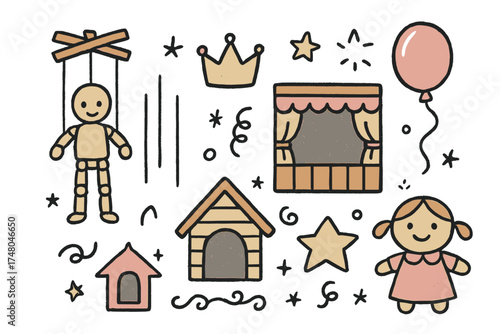 Puppet Show Icons. Puppet show doodle icon set: hand drawn icons of marionette, stage, crown, star, balloon, strings, puppet house