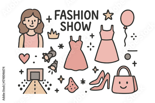 Fashion Show Icons. Fashion show doodle icon set: hand drawn icons of model, dress, crown, star, balloon, runway, heels, lights,