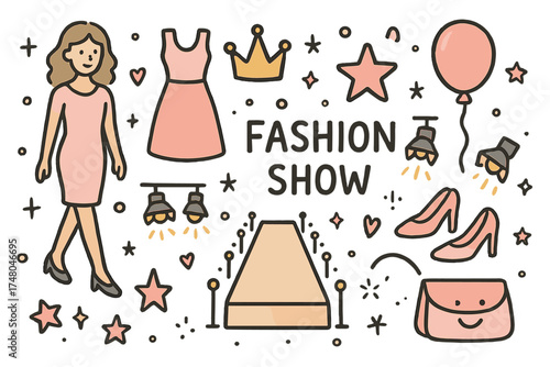 Fashion Show Icons. Fashion show doodle icon set: hand drawn icons of model, dress, crown, star, balloon, runway, heels, lights,
