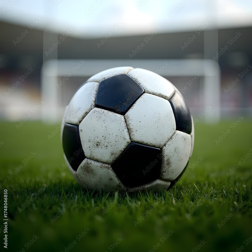 Fototapeta premium Classic Black and White Soccer Ball on Green Grass Field in Daylight