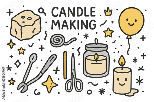Candle Making Icons. Candle making doodle icon set: hand drawn icons of wax, wick, crown, star, balloon, jar, tools, and candle